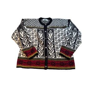 EMS Nordic Fair Isle Wool Blend Cardigan Sweater Women's Size L Black Red White